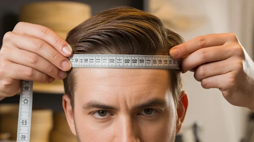 A person measuring the head of a man for a hat