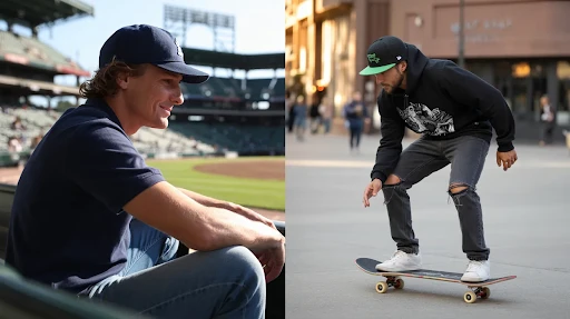 Two different people wearing a baseball cap and a snapback cap on different occasions