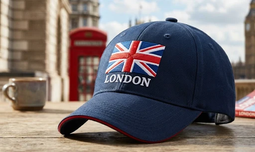 A blue fitted cap placed on a wooden bench