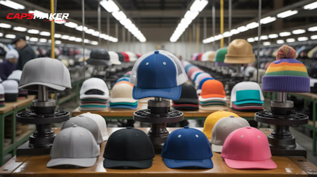 A factory scene with multiple caps on display