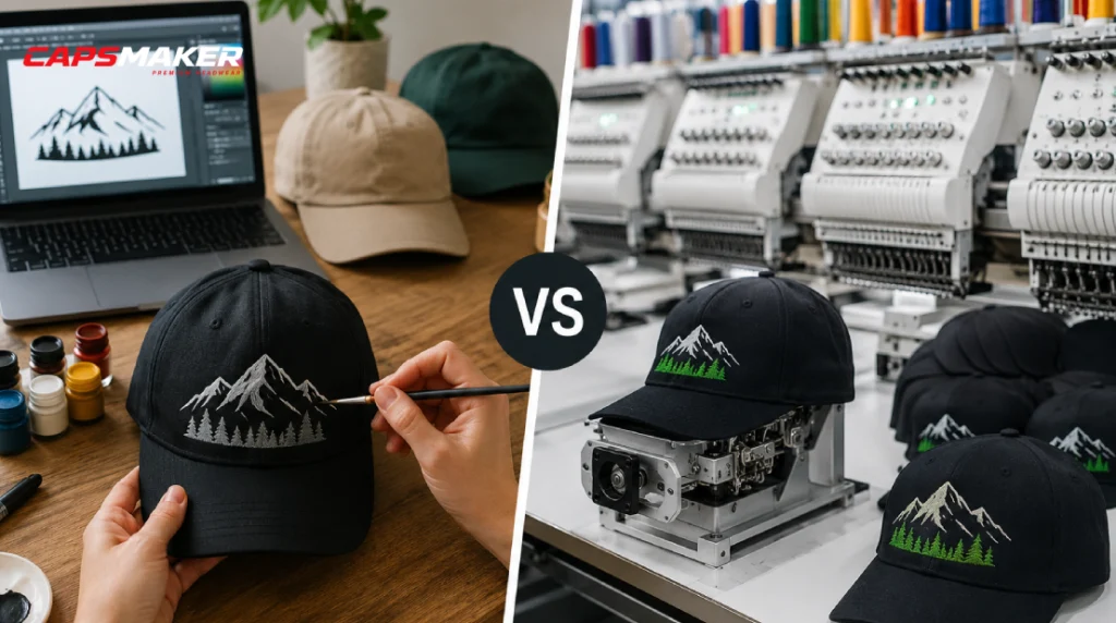 A visual showing factory workers making different caps