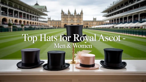 Top Hats for Royal Ascot – Men & WomenAlt text: A group of ascot hats decorated on a table facing towards a British Race course.