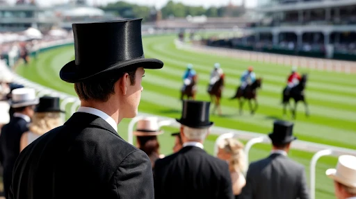 A man in an ascot hat looking towards the race course where four horse racers compete for victory