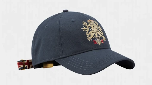 A navy blue cap with a custom lag