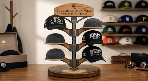 Custom cap holder stand kept on a wooden table