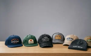 Custom caps and a beanie photographed on a wooden table
