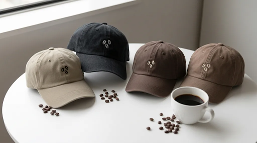 Custom embroidered caps placed on a coffee table with a cup of coffee and coffee beans
