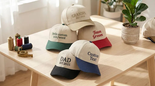 Different types of embroidered caps displayed with thread and embroidery tool