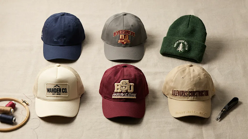 Different types of embroidered caps placed on a plain surface with thread and an embroidery tool