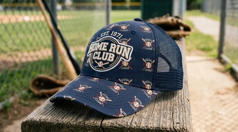 Hybrid design cap on a wooden bench showing both embroidered and print work
