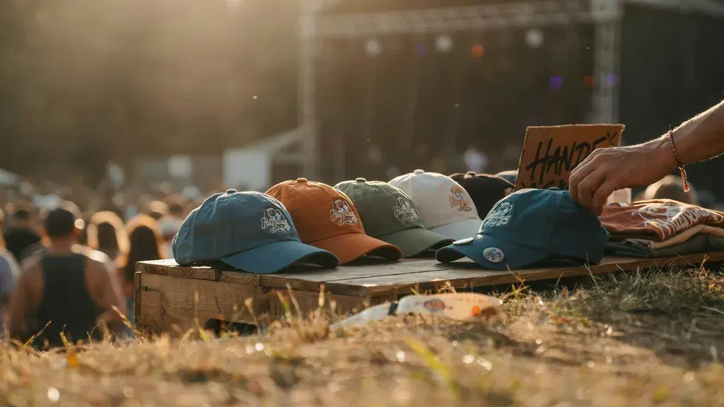 Multiple custom festival caps are placed over a wooden table