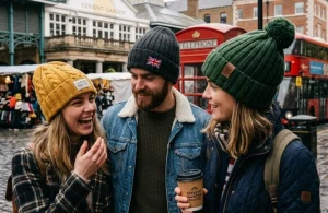 People pictured on a London street wearing custom beanies.
